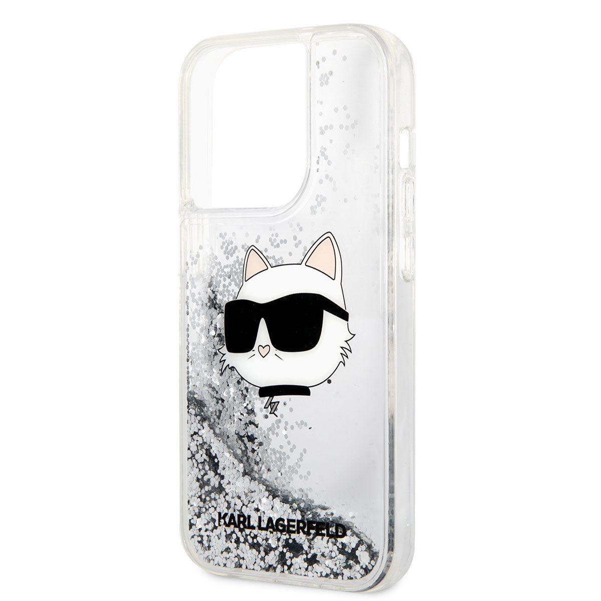 Apple iPhone 14 Pro Max Kılıf Karl Lagerfeld Sıvılı Simli Choupette Head Dizayn Kapak Siyah