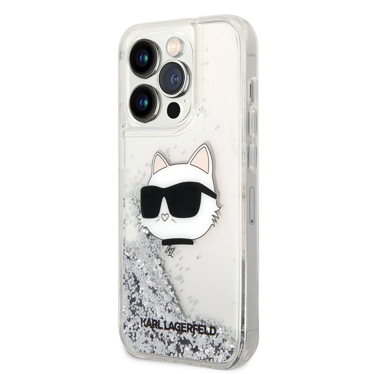 Apple iPhone 14 Pro Max Kılıf Karl Lagerfeld Sıvılı Simli Choupette Head Dizayn Kapak Siyah