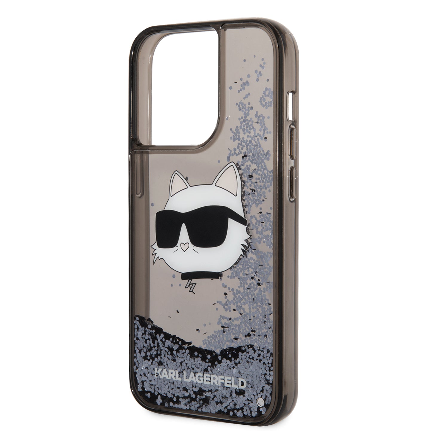 Apple iPhone 14 Pro Max Kılıf Karl Lagerfeld Sıvılı Simli Choupette Head Dizayn Kapak Siyah