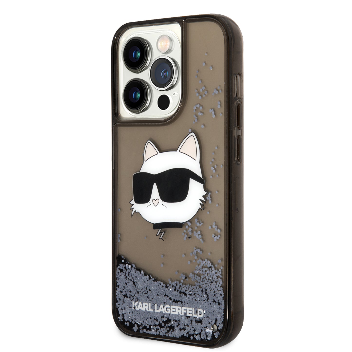 Apple iPhone 14 Pro Max Kılıf Karl Lagerfeld Sıvılı Simli Choupette Head Dizayn Kapak Siyah