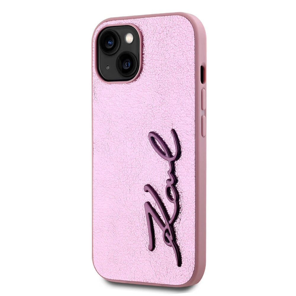 Apple iPhone 15 Kılıf Karl Lagerfeld Orjinal Lisanslı 3D KL Yazılı Tüylü Arka Yüzey Saffiano Rhinestones Kapak Pembe