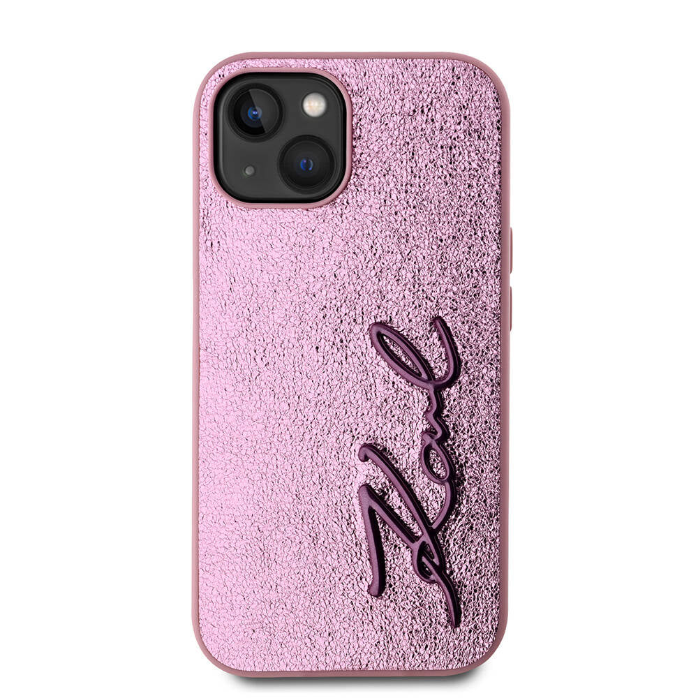 Apple iPhone 15 Kılıf Karl Lagerfeld Orjinal Lisanslı 3D KL Yazılı Tüylü Arka Yüzey Saffiano Rhinestones Kapak Pembe