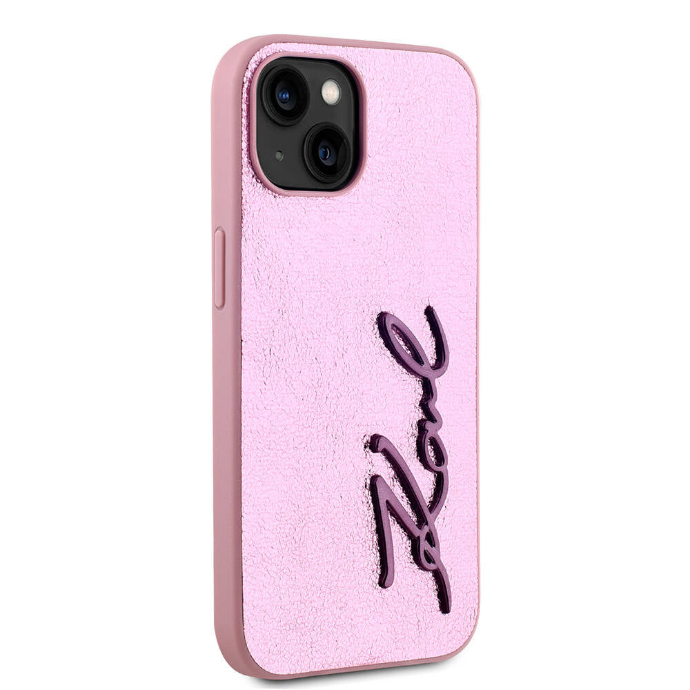 Apple iPhone 15 Kılıf Karl Lagerfeld Orjinal Lisanslı 3D KL Yazılı Tüylü Arka Yüzey Saffiano Rhinestones Kapak Pembe
