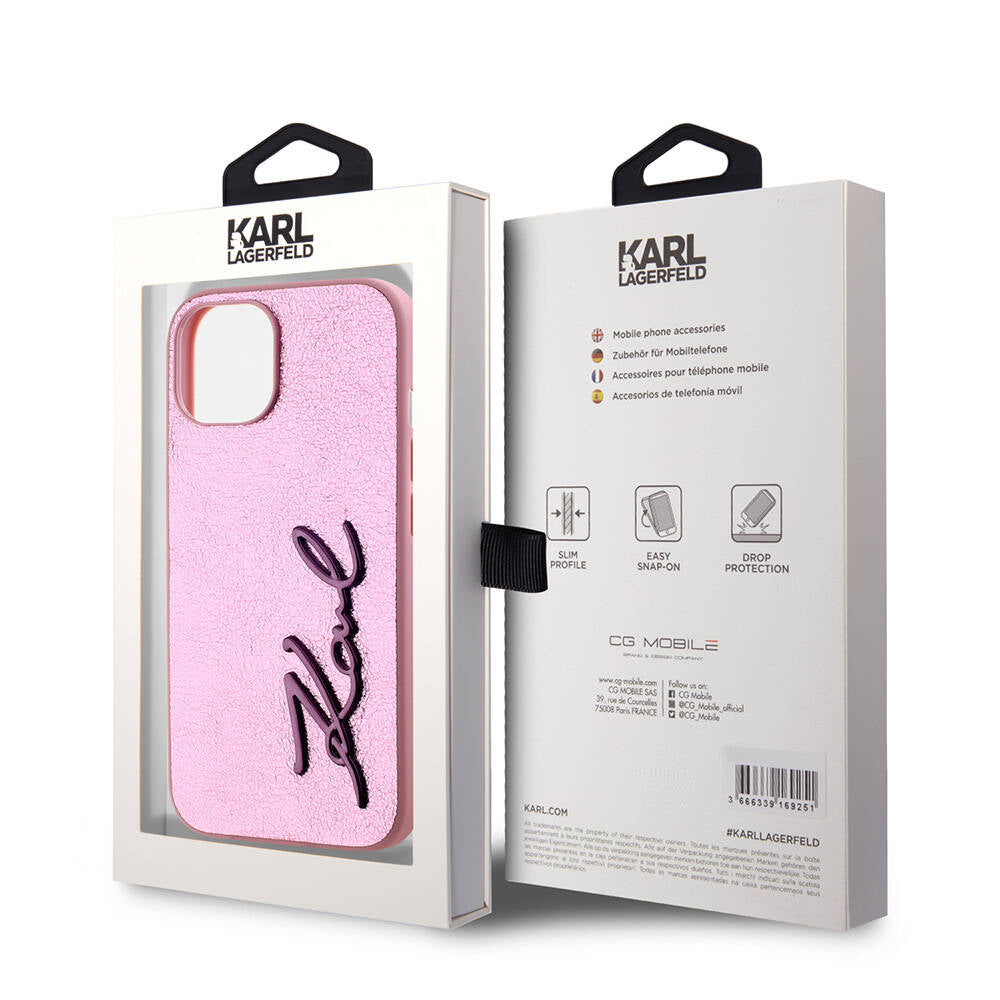 Apple iPhone 15 Kılıf Karl Lagerfeld Orjinal Lisanslı 3D KL Yazılı Tüylü Arka Yüzey Saffiano Rhinestones Kapak Pembe
