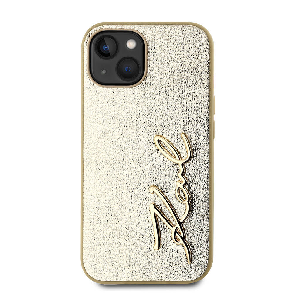 Apple iPhone 15 Kılıf Karl Lagerfeld Orjinal Lisanslı 3D KL Yazılı Tüylü Arka Yüzey Saffiano Rhinestones Kapak Pembe