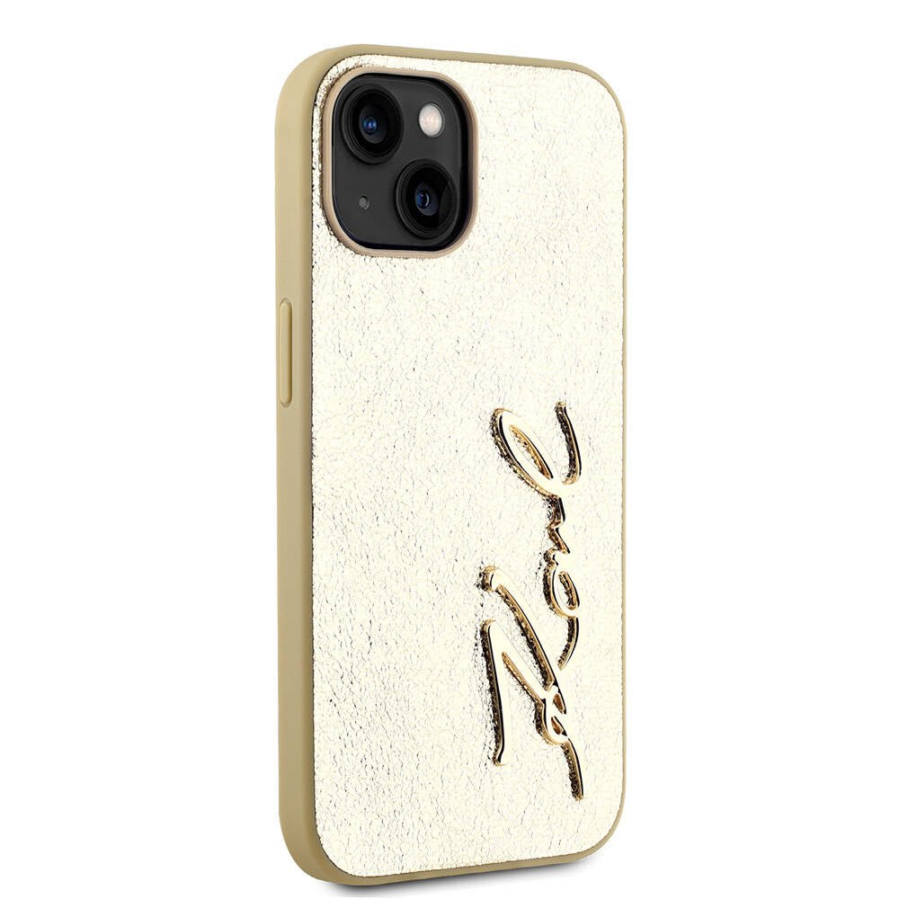 Apple iPhone 15 Kılıf Karl Lagerfeld Orjinal Lisanslı 3D KL Yazılı Tüylü Arka Yüzey Saffiano Rhinestones Kapak Pembe