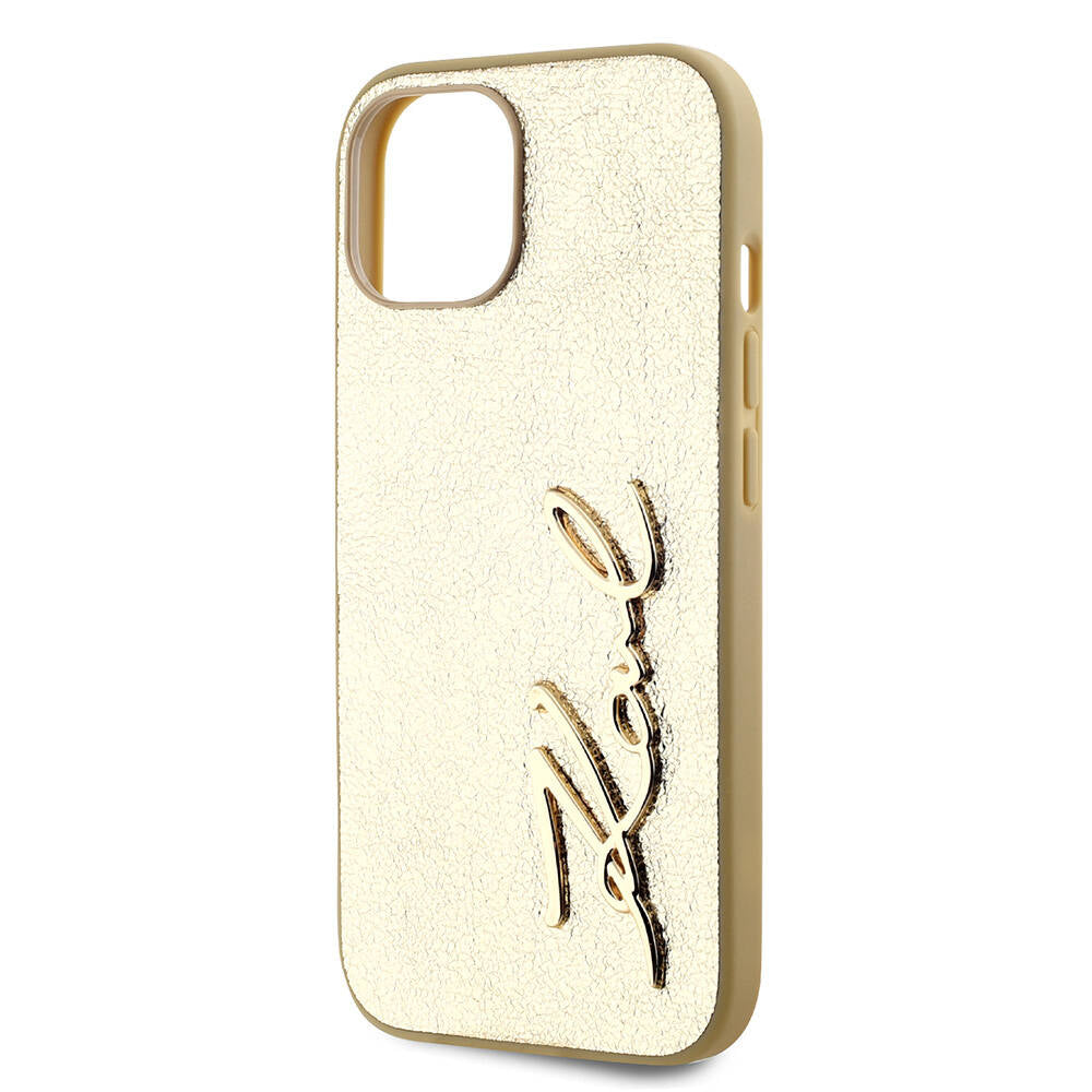 Apple iPhone 15 Kılıf Karl Lagerfeld Orjinal Lisanslı 3D KL Yazılı Tüylü Arka Yüzey Saffiano Rhinestones Kapak Pembe