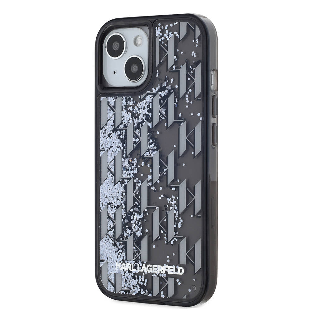 Apple iPhone 15 Kılıf Karl Lagerfeld Orjinal Lisanslı Simli KL Yazılı Monogram Gradıent Kapak Siyah