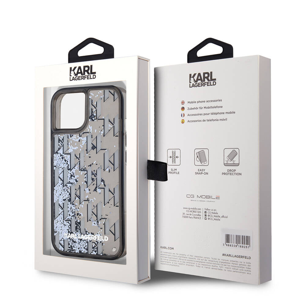 Apple iPhone 15 Kılıf Karl Lagerfeld Orjinal Lisanslı Simli KL Yazılı Monogram Gradıent Kapak Siyah