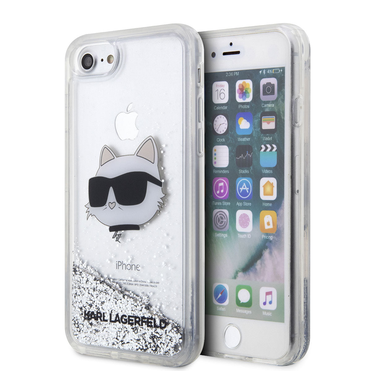 Apple iPhone 8 Kılıf Karl Lagerfeld Sıvılı Simli Choupette Head Dizayn Kapak Gümüş