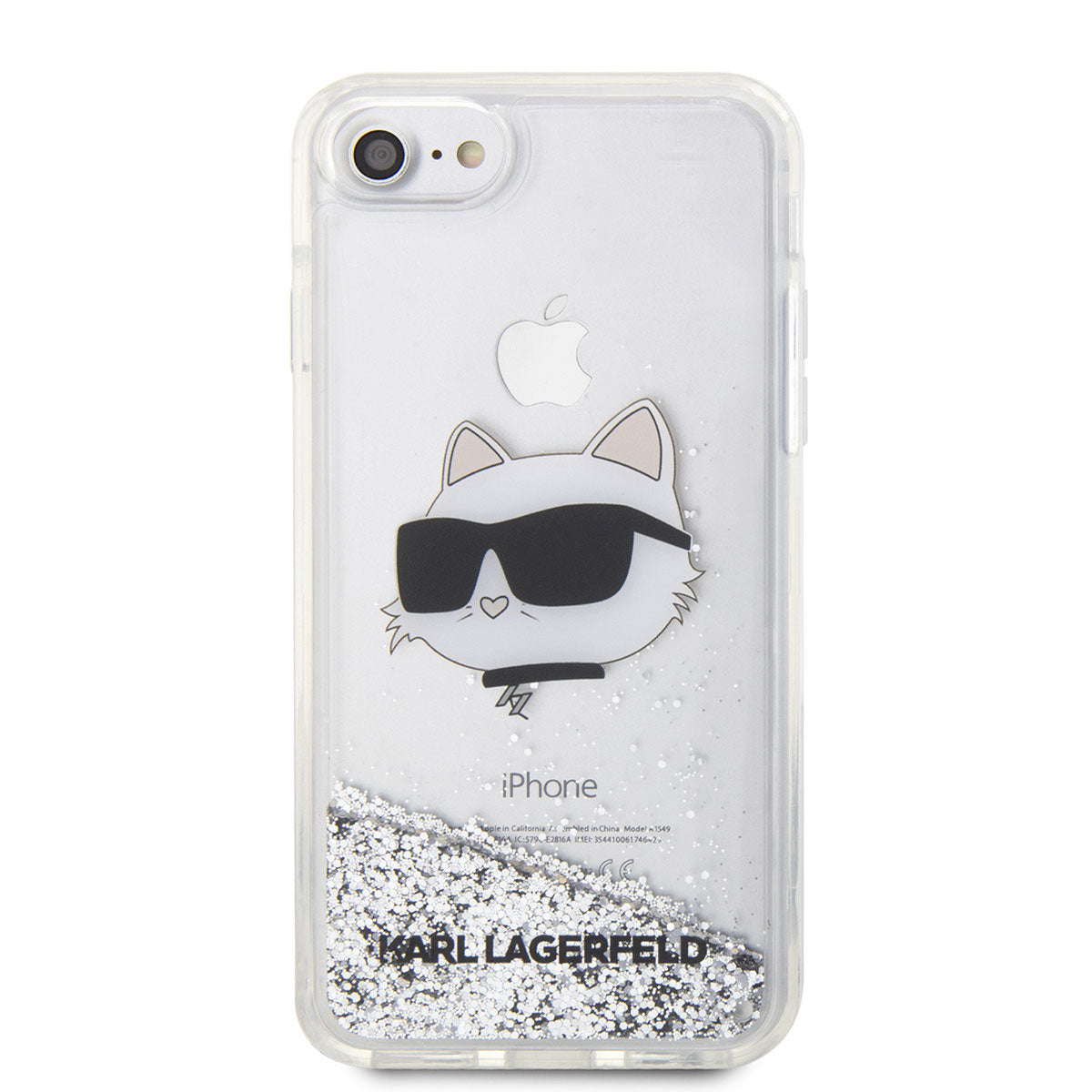 Apple iPhone 8 Kılıf Karl Lagerfeld Sıvılı Simli Choupette Head Dizayn Kapak Gümüş