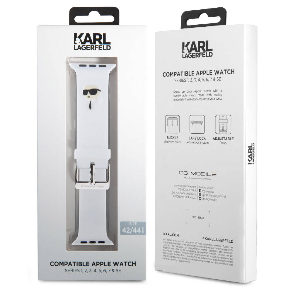 Apple Watch 42mm Karl Lagerfeld Orjinal Lisanslı İkonik Karl Head Logolu Silikon Kordon Beyaz