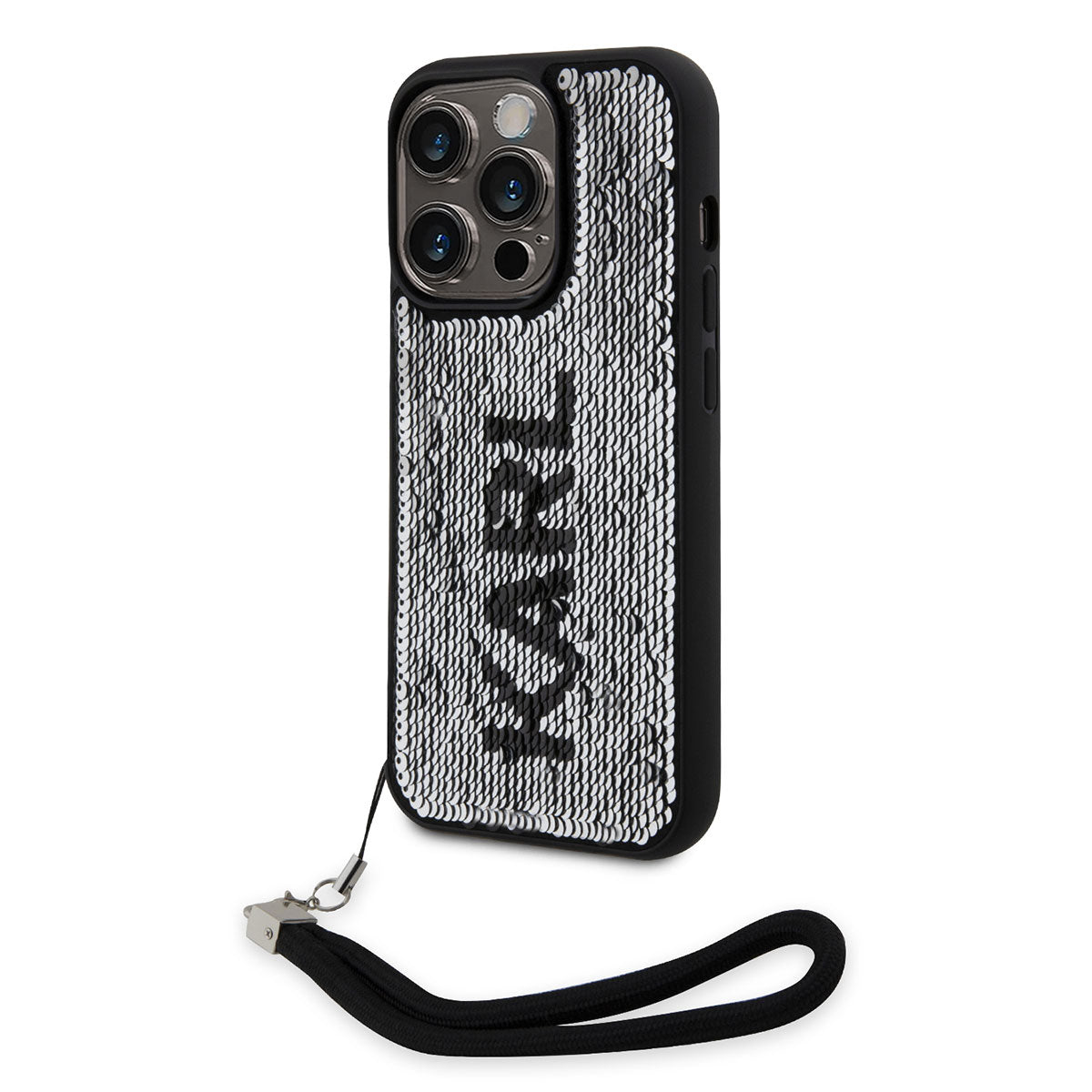 Apple iPhone 14 Pro Max Kılıf Karl Lagerfeld El Askısı İpli Hareketli Pullu Dizayn Kapak Siyah-Gümüş