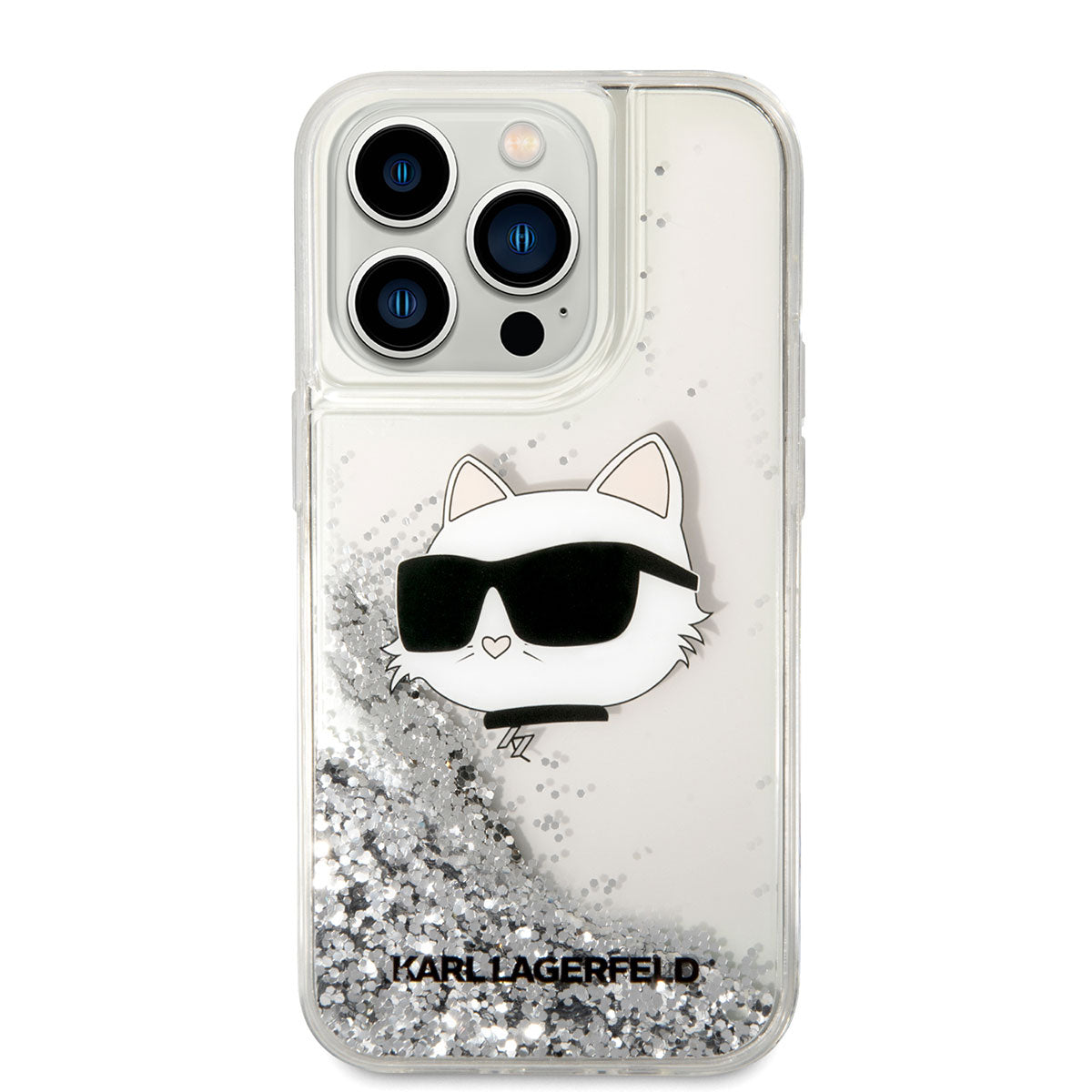 Apple iPhone 14 Pro Max Kılıf Karl Lagerfeld Sıvılı Simli Choupette Head Dizayn Kapak Siyah