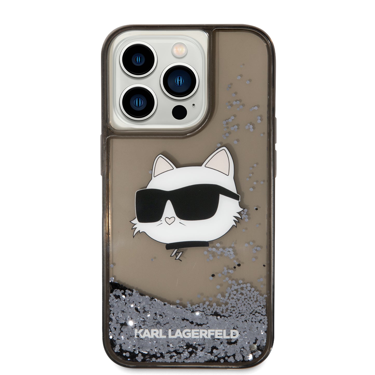 Apple iPhone 14 Pro Max Kılıf Karl Lagerfeld Sıvılı Simli Choupette Head Dizayn Kapak Siyah