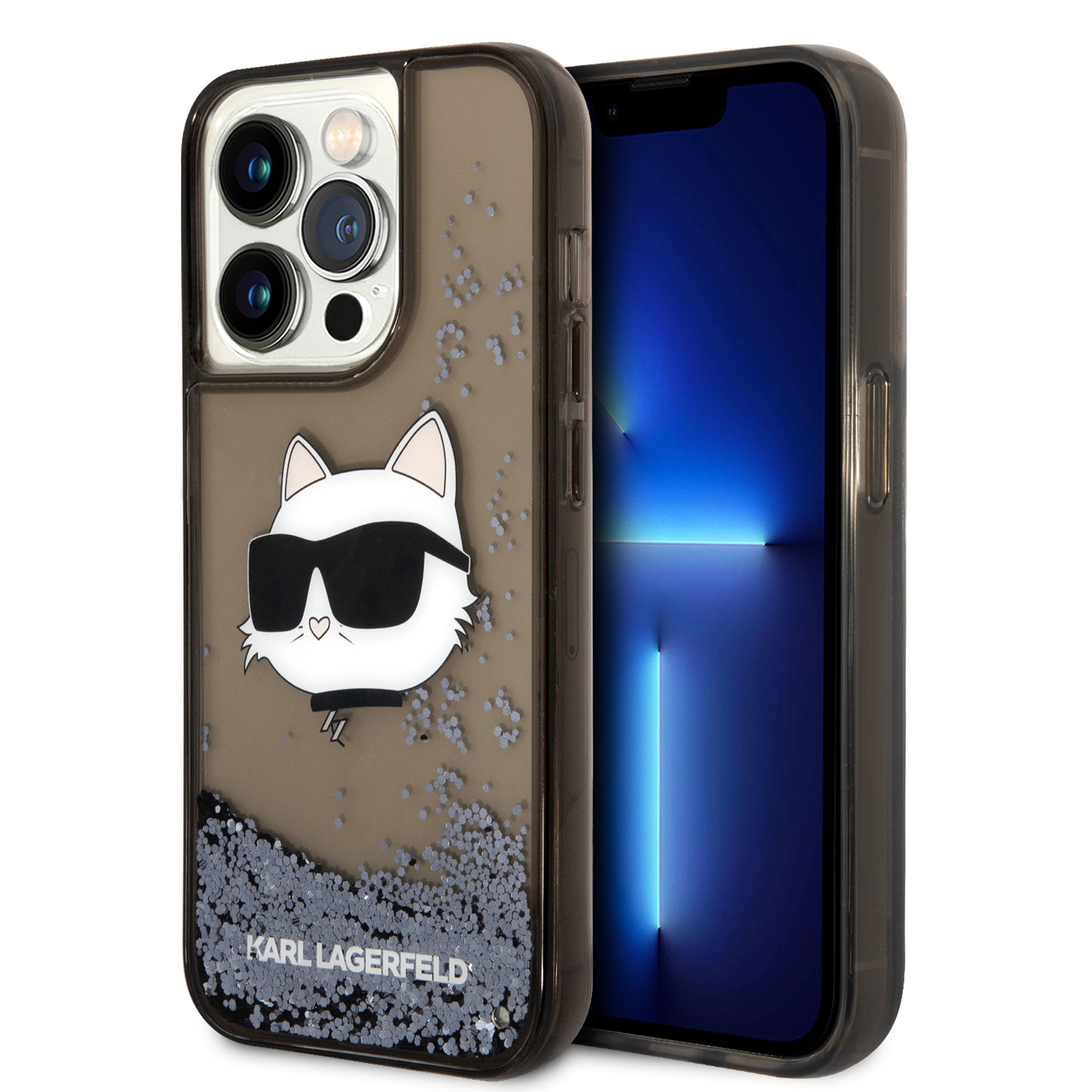 Apple iPhone 14 Pro Max Kılıf Karl Lagerfeld Sıvılı Simli Choupette Head Dizayn Kapak Siyah