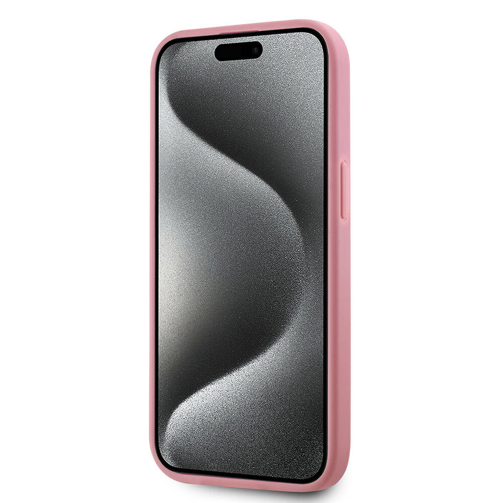Apple iPhone 15 Kılıf Karl Lagerfeld Orjinal Lisanslı 3D KL Yazılı Tüylü Arka Yüzey Saffiano Rhinestones Kapak Pembe