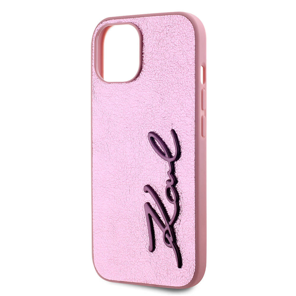 Apple iPhone 15 Kılıf Karl Lagerfeld Orjinal Lisanslı 3D KL Yazılı Tüylü Arka Yüzey Saffiano Rhinestones Kapak Pembe
