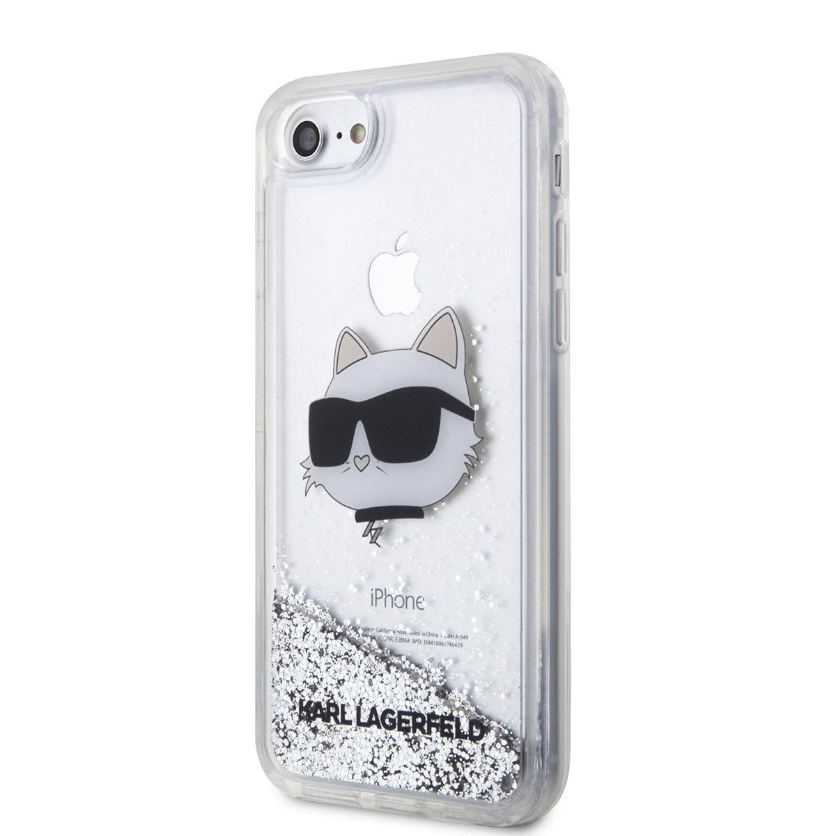 Apple iPhone 8 Kılıf Karl Lagerfeld Sıvılı Simli Choupette Head Dizayn Kapak Gümüş