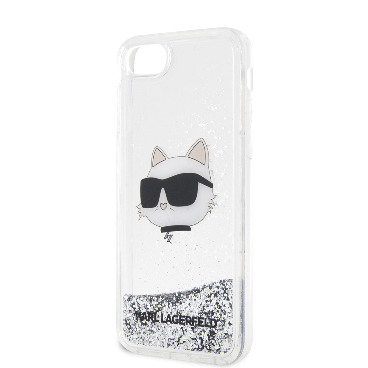 Apple iPhone 8 Kılıf Karl Lagerfeld Sıvılı Simli Choupette Head Dizayn Kapak Gümüş