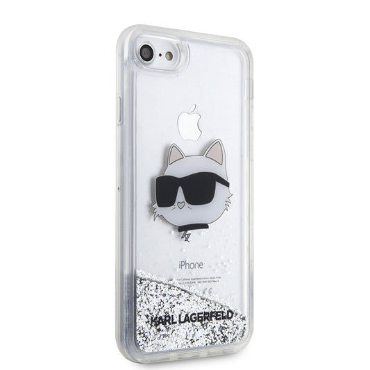 Apple iPhone 8 Kılıf Karl Lagerfeld Sıvılı Simli Choupette Head Dizayn Kapak Gümüş